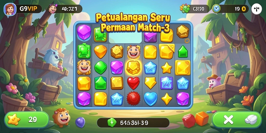 Tampilan gameplay G9VIP dengan permata berwarna-warni yang mencolok.