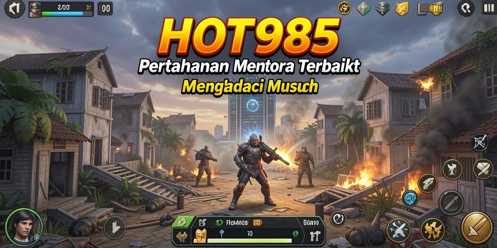 Tampilan screenshot HOT985 menunjukkan pertarungan menara yang epik dan strategis.