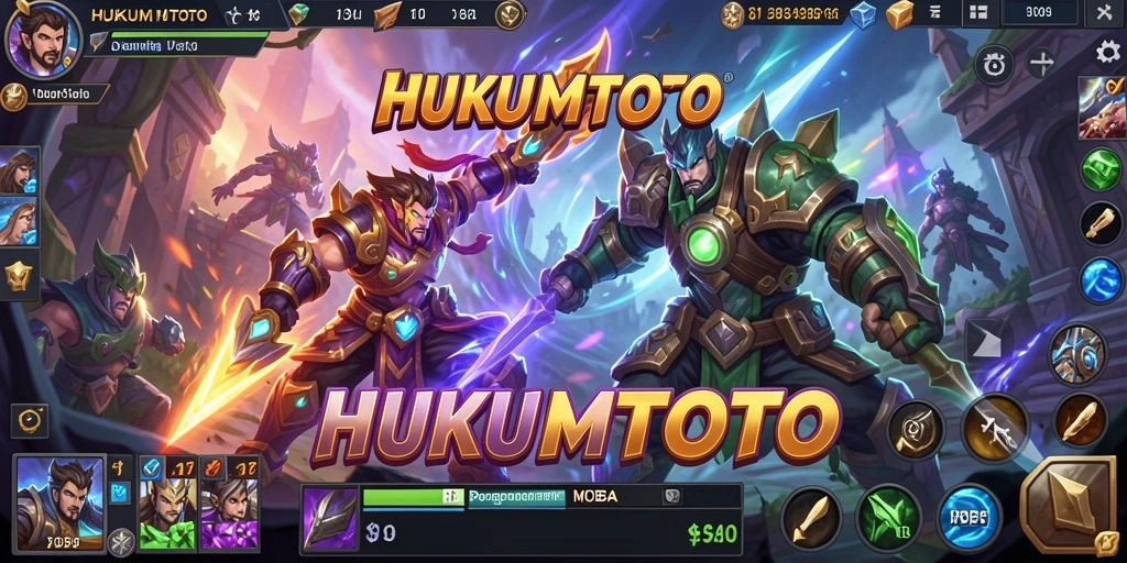 Screenshot gameplay HUKUMTOTO menampilkan pertempuran epik di arena MOBA.