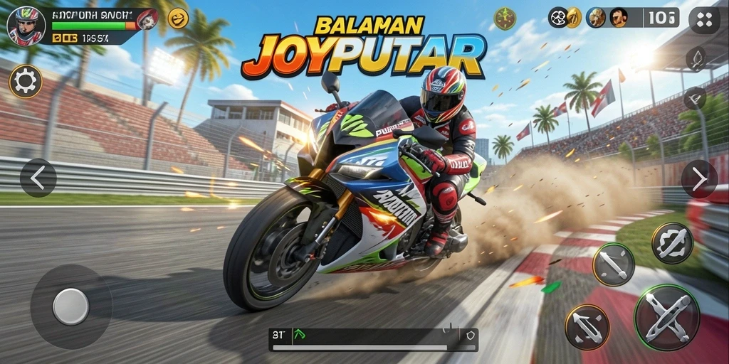 Screenshot JOYPUTAR menampilkan aksi balapan motor yang mendebarkan.