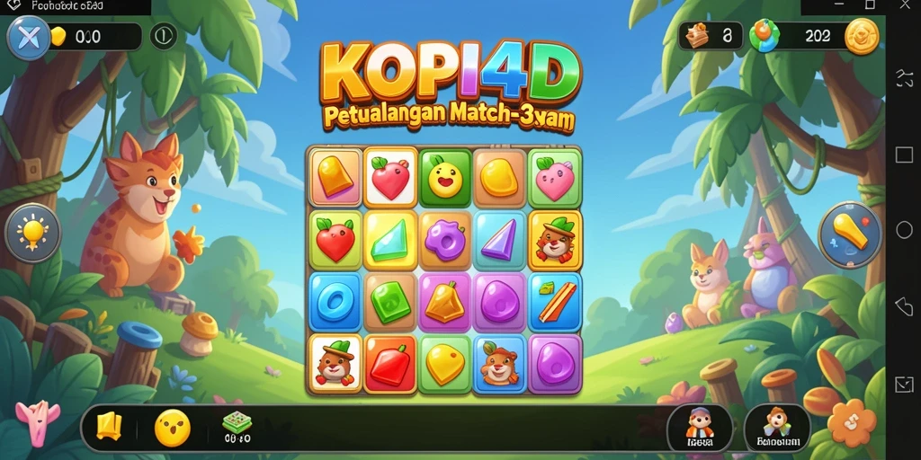 Screenshot utama KOPI4D menunjukkan gameplay Match-3 yang seru dan penuh warna.