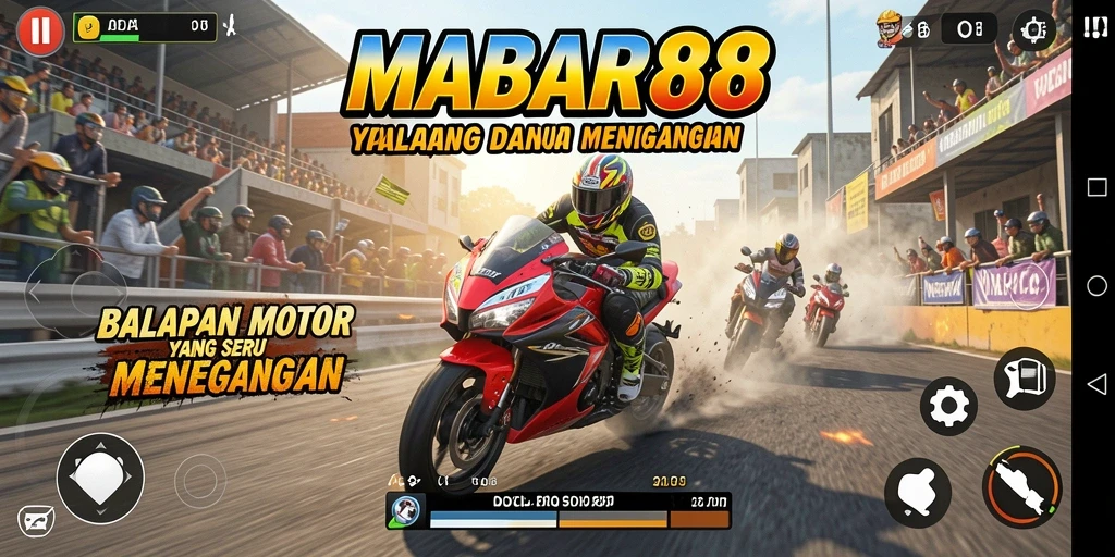 Tampilan gameplay seru MABAR88 dengan balapan motor yang mendebarkan.