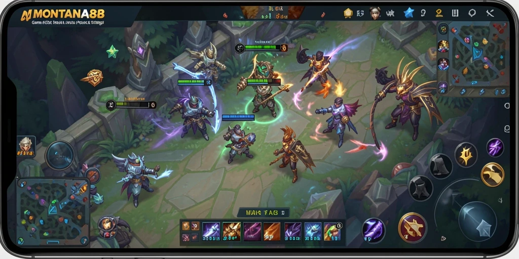 Screenshot gameplay MONTANA88 dengan pertempuran antar tim yang seru.